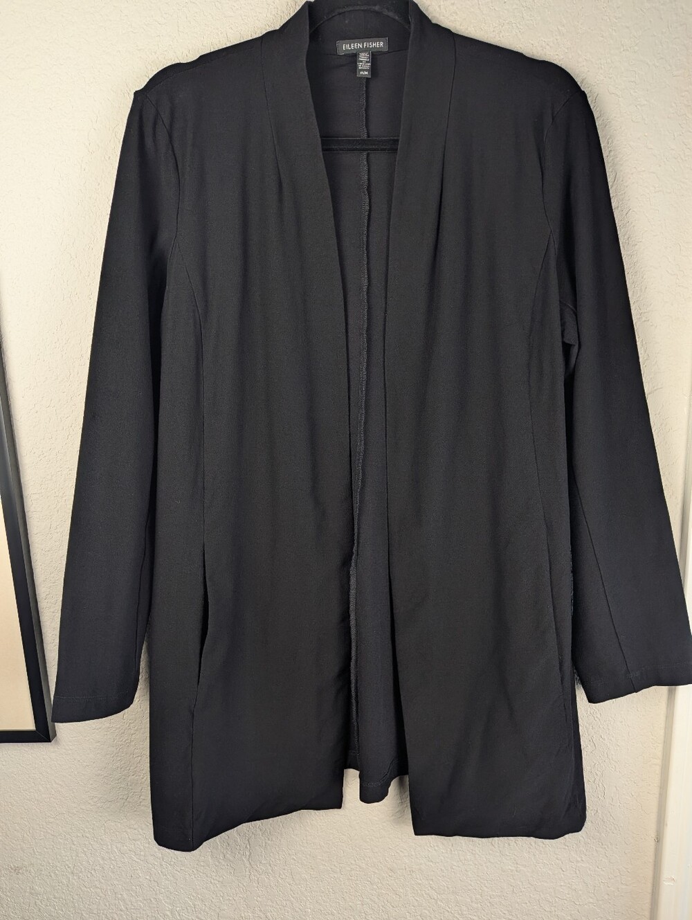 Eileen Fisher Stretch Knit Cardigan M Tunic Length Black Pockets Capsule Chic